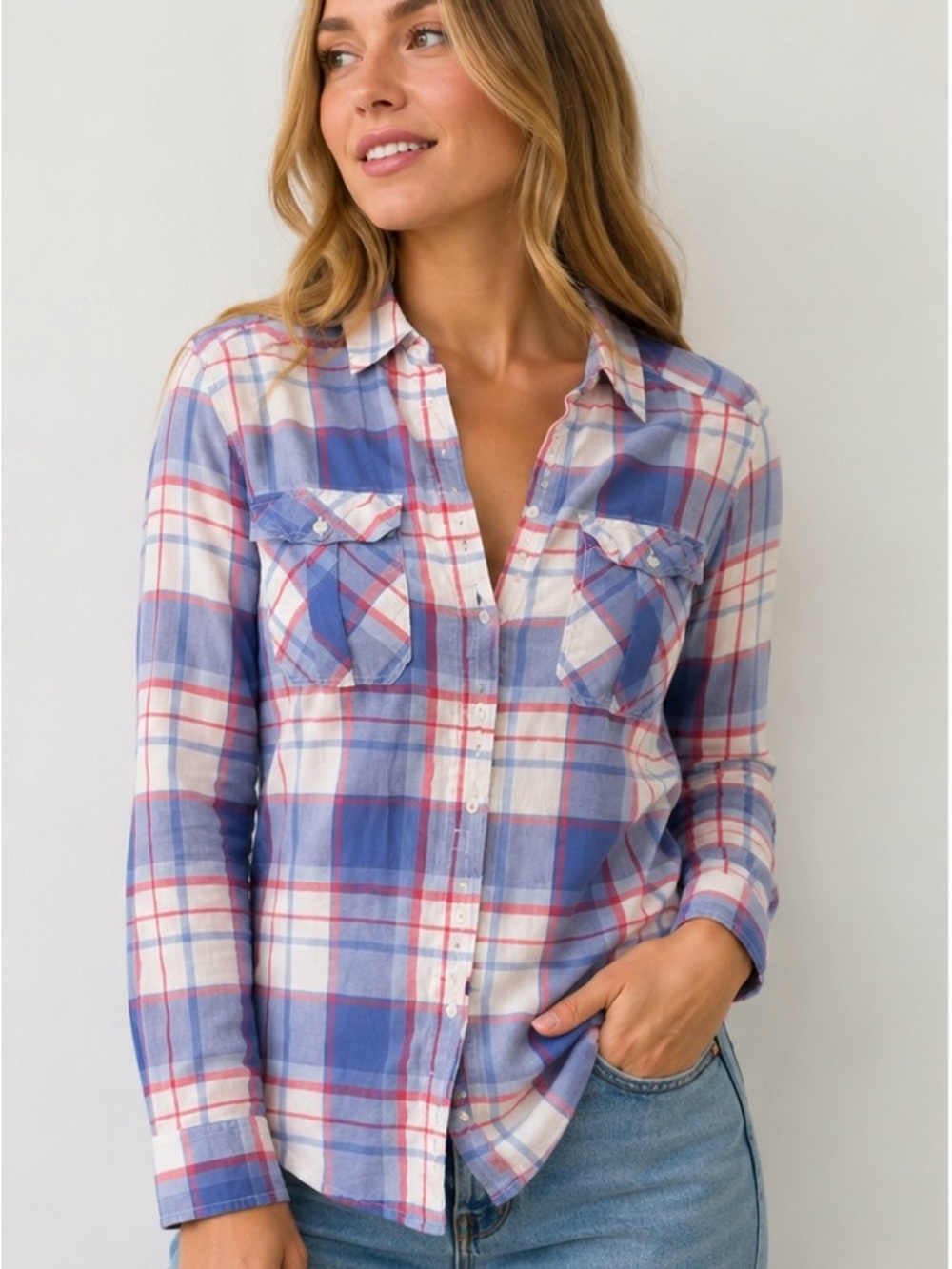 Express Red White and Blue Plaid Country 
Button-Up - Med